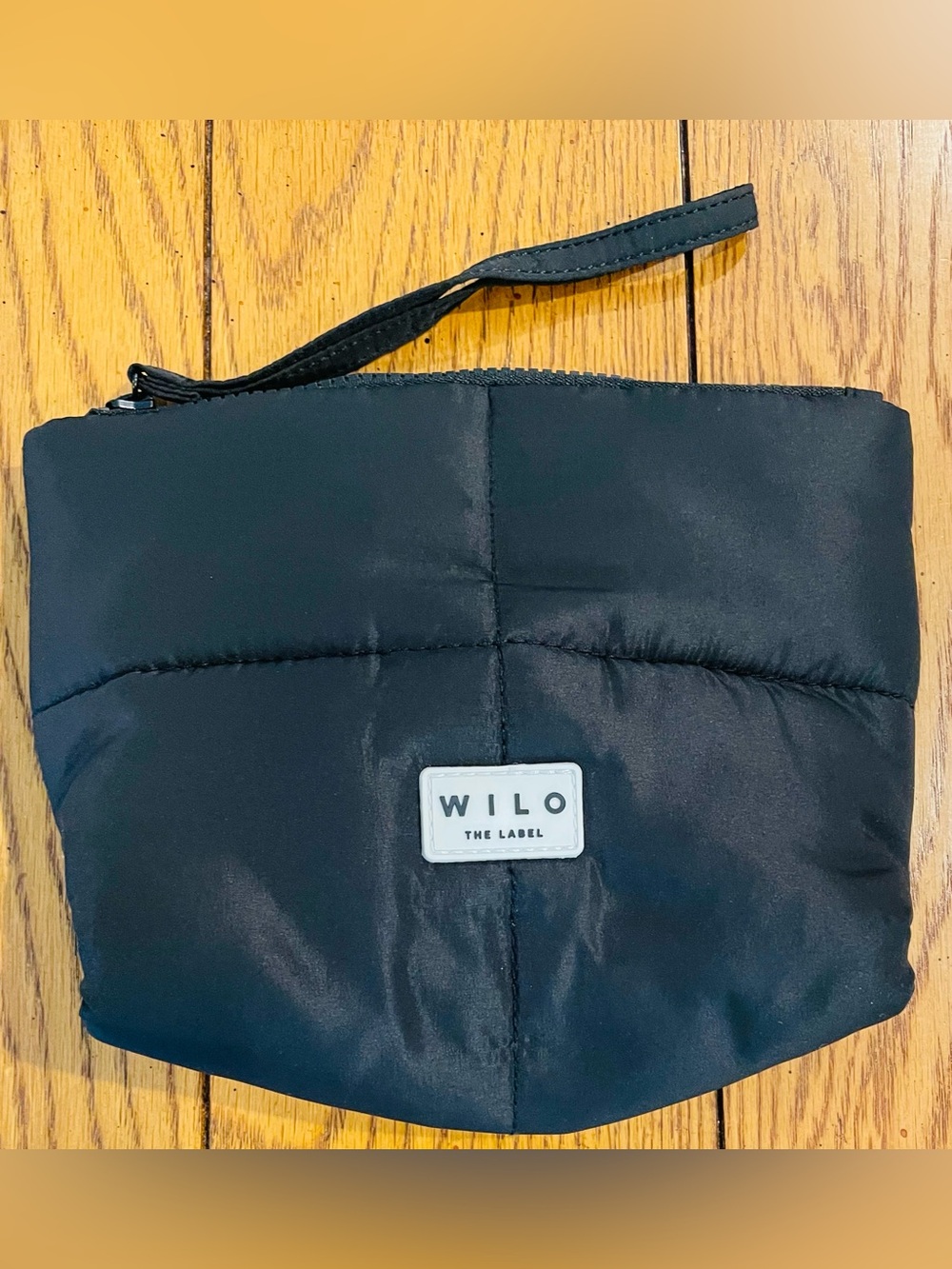 WILO The Label Black Puffy Cosmetic Bag, top zipper closure, wristlet strap